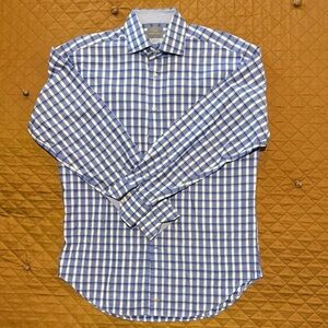 Thomas Dean Men's Blue and White Plaid Dress Shirt Size Medium